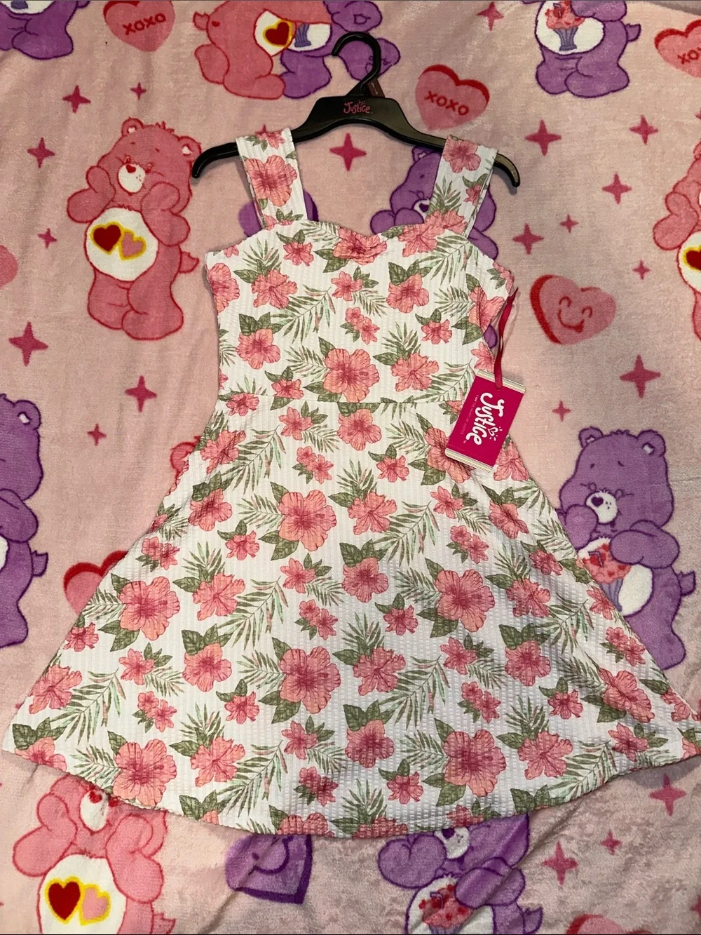 Justice White Floral Dress with Pink Hibiscus and Green Leaves